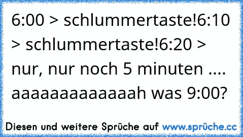 6:00 > schlummertaste!
6:10 > schlummertaste!
6:20 > nur, nur noch 5 minuten ..
.. aaaaaaaaaaaaah was 9:00?