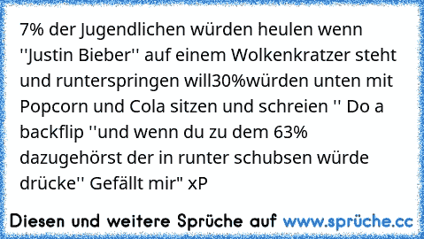 7% der Jugendlichen würden heulen wenn ''Justin Bieber'' auf einem Wolkenkratzer steht und runterspringen will
30%würden unten mit Popcorn und Cola sitzen und schreien '' Do a backflip ''
und wenn du zu dem 63% dazugehörst der in runter schubsen würde drücke
'' Gefällt mir" xP