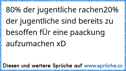 80% der jugentliche rachen
20% der jugentliche sind bereits zu besoffen fÜr eine paackung aufzumachen xD