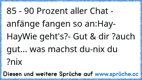 85 - 90 Prozent aller Chat - anfänge fangen so an:
Hay
- Hay
Wie geht's?
- Gut & dir ?
auch gut... was machst du
-nix du ?
nix