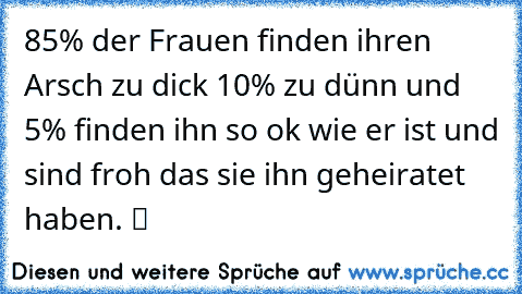 85% der Frauen finden ihren Arsch zu dick 10% zu dünn und 5% finden ihn so ok wie er ist und sind froh das sie ihn geheiratet haben. ツ