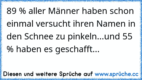 89 % aller Männer haben schon einmal versucht ihren Namen in den Schnee zu pinkeln...
und 55 % haben es geschafft...