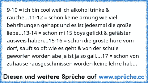 9-10 = ich bin cool weil ich alkohol trinke & rauche...
11-12 = schon keine arnung wie viel behzihungen gehapt und es ist jedesmal die große liebe...
13-14 = schon mi 15 boys gefickt & gefälster ausweis haben...
15-16 = schon die gröste hure vom dorf, sauft so oft wie es geht & von der schule geworfen worden abe ja ist ja so gail....
17 = schon von zuhause rausgeschmissen worden keine lehre hab...