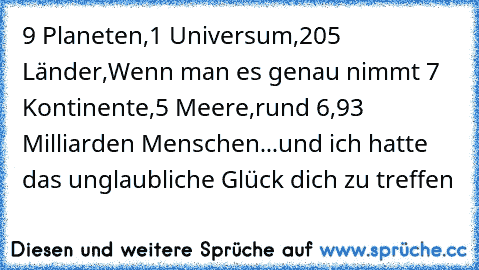 9 Planeten,
1 Universum,
205 Länder,
Wenn man es genau nimmt 7 Kontinente,
5 Meere,
rund 6,93 Milliarden Menschen...
und ich hatte das unglaubliche Glück dich zu treffen ♥