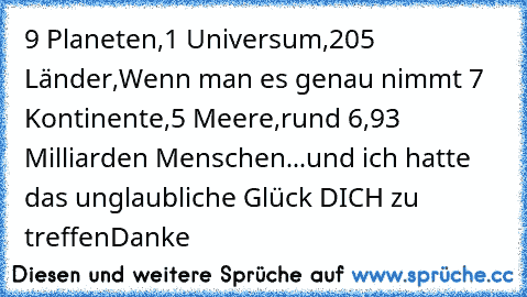 9 Planeten,
1 Universum,
205 Länder,
Wenn man es genau nimmt 7 Kontinente,
5 Meere,
rund 6,93 Milliarden Menschen...
und ich hatte das unglaubliche Glück DICH zu treffen
Danke ♥