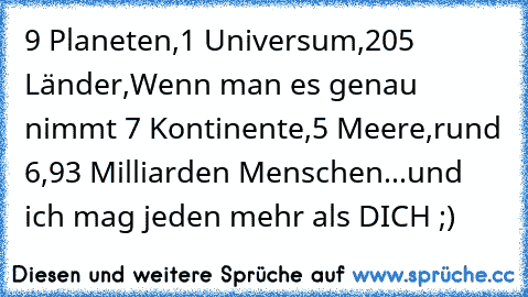 9 Planeten,
1 Universum,
205 Länder,
Wenn man es genau nimmt 7 Kontinente,
5 Meere,
rund 6,93 Milliarden Menschen...
und ich mag jeden mehr als DICH ;)