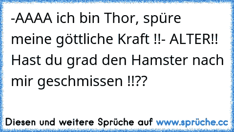 -AAAA ich bin Thor, spüre meine göttliche Kraft !!
- ALTER!! Hast du grad den Hamster nach mir geschmissen !!??