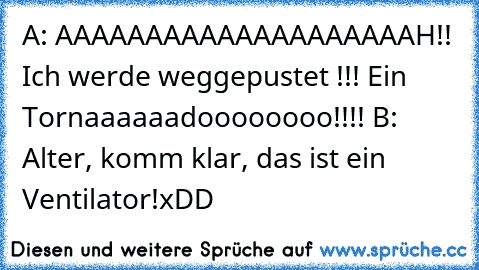 A: AAAAAAAAAAAAAAAAAAAAH!! Ich werde weggepustet !!! Ein Tornaaaaaadoooooooo!!!! 
B: Alter, komm klar, das ist ein Ventilator!
xDD