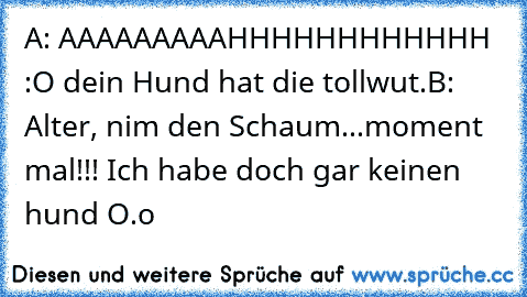 A: AAAAAAAAAHHHHHHHHHHHH :O dein Hund hat die tollwut.
B: Alter, nim den Schaum...moment mal!!! Ich habe doch gar keinen hund O.o