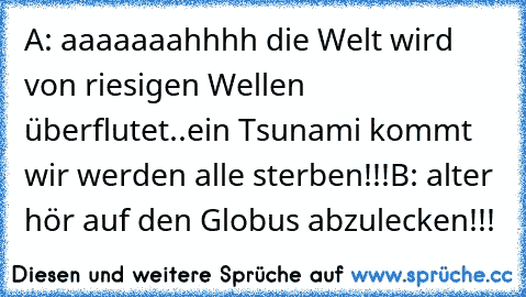 A: aaaaaaahhhh die Welt wird von riesigen Wellen         überflutet..ein Tsunami kommt wir werden alle sterben!!!
B: alter hör auf den Globus abzulecken!!!