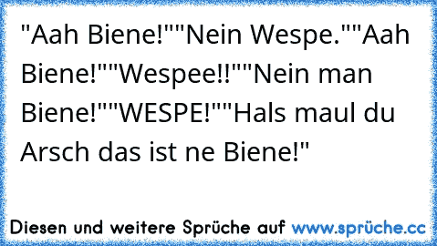 "Aah Biene!"
"Nein Wespe."
"Aah Biene!"
"Wespee!!"
"Nein man Biene!"
"WESPE!"
"Hals maul du Arsch das ist ne Biene!"