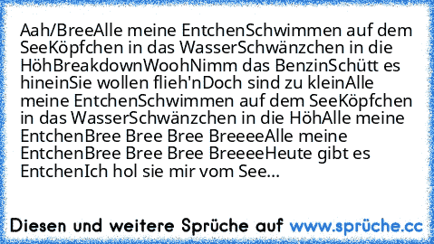 Aah/Bree
Alle meine Entchen
Schwimmen auf dem See
Köpfchen in das Wasser
Schwänzchen in die Höh
Breakdown
Wooh
Nimm das Benzin
Schütt es hinein
Sie wollen flieh'n
Doch sind zu klein
Alle meine Entchen
Schwimmen auf dem See
Köpfchen in das Wasser
Schwänzchen in die Höh
Alle meine Entchen
Bree Bree Bree Breeee
Alle meine Entchen
Bree Bree Bree Breeee
Heute gibt es Entchen
Ich hol sie mir vom See
...