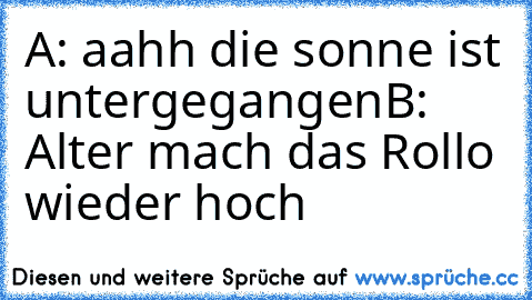 A: aahh die sonne ist untergegangen
B: Alter mach das Rollo wieder hoch