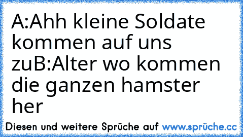 A:Ahh kleine Soldate kommen auf uns zu
B:Alter wo kommen die ganzen hamster her