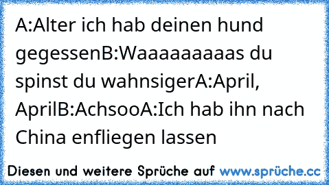 A:Alter ich hab deinen hund gegessen
B:Waaaaaaaaas du spinst du wahnsiger
A:April, April
B:Achsoo
A:Ich hab ihn nach China enfliegen lassen