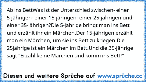 Ab ins Bett
Was ist der Unterschied zwischen
- einer 5-jährigen
- einer 15-jährigen
- einer 25-jährigen und
- einer 35-jährigen?
Die 5-jährige bringt man ins Bett und erzählt ihr ein Märchen.
Der 15-jährigen erzählt man ein Märchen, um sie ins Bett zu kriegen.
Die 25jährige ist ein Märchen im Bett.
Und die 35-jährige sagt "Erzähl keine Märchen und komm ins Bett!"