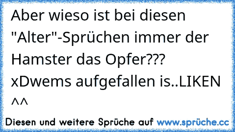 Aber wieso ist bei diesen "Alter"-Sprüchen immer der Hamster das Opfer??? xD
wems aufgefallen is..
LIKEN ^^