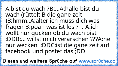 A:bist du wach ?
B:...
A:hallo bist du wach (rüttelt B die gane zeit )
B:hmm..
A:alter ich muss dich was fragen 
B:poah was ist los ? -.-
A:ich wollt nur gucken ob du wach bist :DD
B:... willst mich verarschen ???
A:ne nur wecken  :DD
C:ist die gane zeit auf facebook und postet das ;DD