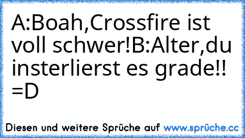 A:Boah,Crossfire ist voll schwer!
B:Alter,du insterlierst es grade!! 
=D