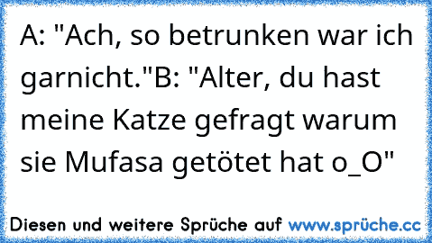 A: "Ach, so betrunken war ich garnicht."
B: "Alter, du hast meine Katze gefragt warum sie Mufasa getötet hat o_O"