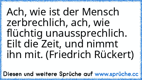 Ach, wie ist der Mensch zerbrechlich, ach, wie flüchtig unaussprechlich. Eilt die Zeit, und nimmt ihn mit. (Friedrich Rückert)