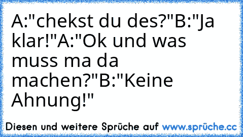 A:"chekst du des?"
B:"Ja klar!"
A:"Ok und was muss ma da machen?"
B:"Keine Ahnung!"