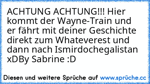 ACHTUNG ACHTUNG!!! Hier kommt der Wayne-Train und er fährt mit deiner Geschichte direkt zum Whateverest und dann nach Ismirdochegalistan xD
By Sabrine :D