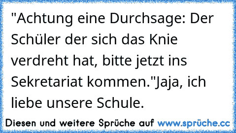 "Achtung eine Durchsage: Der Schüler der sich das Knie verdreht hat, bitte jetzt ins Sekretariat kommen."
Jaja, ich liebe unsere Schule.