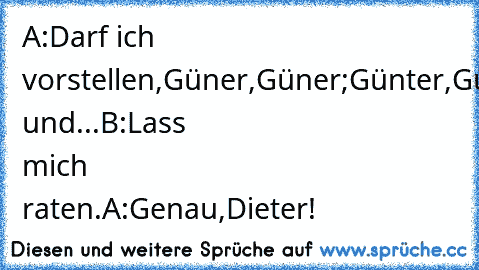 A:Darf ich vorstellen,Güner,Güner;Günter,Günter und...
B:Lass mich raten.
A:Genau,Dieter!