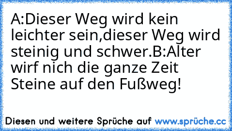 A:Dieser Weg wird kein leichter sein,dieser Weg wird steinig und schwer.
B:Alter wirf nich die ganze Zeit Steine auf den Fußweg!