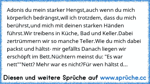 Adonis du mein starker Hengst,
auch wenn du mich körperlich bedrängst,
will ich trotzdem, dass du mich berührst,
und mich mit deinen starken Händen führst.
Wir treibens in Küche, Bad und Keller.
Dabei zertrümmern wir so manche Teller.
Wie du mich dabei packst und hältst
- mir gefällts 
Danach liegen wir erschöpft im Bett.
Nüchtern meinst du: "Es war nett"
"Nett? Mehr war es nicht?
Für wen hältst d...