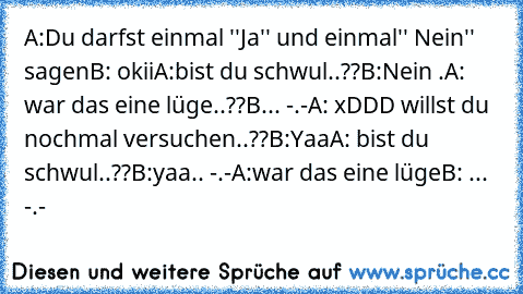 A:Du darfst einmal ''Ja'' und einmal'' Nein'' sagen
B: okii
A:bist du schwul..??
B:Nein .
A: war das eine lüge..??
B... -.-
A: xDDD willst du nochmal versuchen..??
B:Yaa
A: bist du schwul..??
B:yaa.. -.-
A:war das eine lüge
B: ... -.-