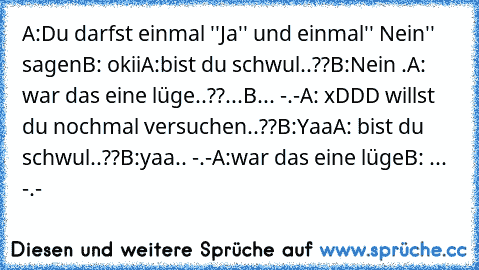 A:Du darfst einmal ''Ja'' und einmal'' Nein'' sagen
B: okii
A:bist du schwul..??
B:Nein .
A: war das eine lüge..??
...B... -.-
A: xDDD willst du nochmal versuchen..??
B:Yaa
A: bist du schwul..??
B:yaa.. -.-
A:war das eine lüge
B: ... -.-