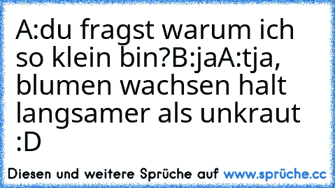 A:du fragst warum ich so klein bin?
B:ja
A:tja, blumen wachsen halt langsamer als unkraut :D