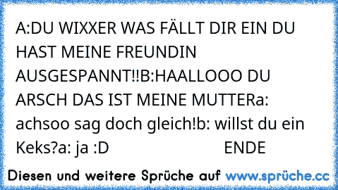 A:DU WIXXER WAS FÄLLT DIR EIN DU HAST MEINE FREUNDIN AUSGESPANNT!!
B:HAALLOOO DU ARSCH DAS IST MEINE MUTTER
a: achsoo sag doch gleich!
b: willst du ein Keks?
a: ja :D                           
ENDE