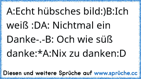 A:Echt hübsches bild:)
B:Ich weiß :D
A: Nichtmal ein Danke-.-
B: Och wie süß danke:*
A:Nix zu danken:D