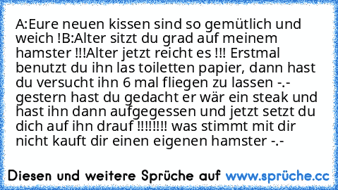 A:Eure neuen kissen sind so gemütlich und weich !
B:Alter sitzt du grad auf meinem hamster !!!
Alter jetzt reicht es !!! Erstmal benutzt du ihn las toiletten papier, dann hast du versucht ihn 6 mal fliegen zu lassen -.- gestern hast du gedacht er wär ein steak und hast ihn dann aufgegessen und jetzt setzt du dich auf ihn drauf !!!!!!!! was stimmt mit dir nicht kauft dir einen eigenen hamster -.-