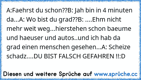 A:Faehrst du schon??
B: Jah bin in 4 minuten da...
A: Wo bist du grad??
B: ....Ehm nicht mehr weit weg...hierstehen schon baeume und haeuser und autos..und ich hab da grad einen menschen gesehen...
A: Scheize schadz....DU BIST FALSCH GEFAHREN !!
:D