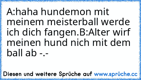 A:haha hundemon mit meinem meisterball werde ich dich fangen.
B:Alter wirf meinen hund nich mit dem ball ab -.-