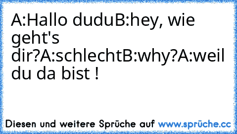 A:Hallo dudu
B:hey, wie geht's dir?
A:schlecht
B:why?
A:weil du da bist !