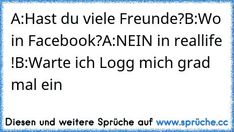 A:Hast du viele Freunde?
B:Wo in Facebook?
A:NEIN in reallife !
B:Warte ich Logg mich grad mal ein