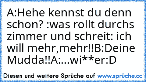 A:Hehe kennst du denn schon? :was rollt durchs zimmer und schreit: ich will mehr,mehr!!
B:Deine Mudda!!
A:...wi**er
:D