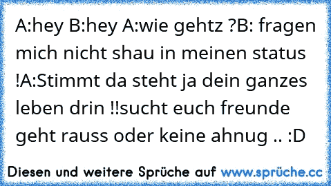 A:hey 
B:hey 
A:wie gehtz ?
B: fragen mich nicht shau in meinen status !
A:Stimmt da steht ja dein ganzes leben drin !!
sucht euch freunde geht rauss oder keine ahnug .. :D