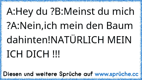 A:Hey du ?
B:Meinst du mich ?
A:Nein,ich mein den Baum dahinten!NATÜRLICH MEIN ICH DICH !!!