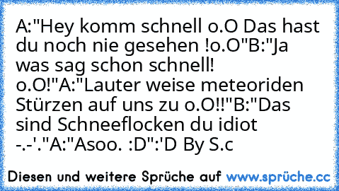 A:"Hey komm schnell o.O Das hast du noch nie gesehen !o.O"
B:"Ja was sag schon schnell! o.O!"
A:"Lauter weise meteoriden Stürzen auf uns zu o.O!!"
B:"Das sind Schneeflocken du idiot -.-'."
A:"Asoo. :D"
:'D By S.c