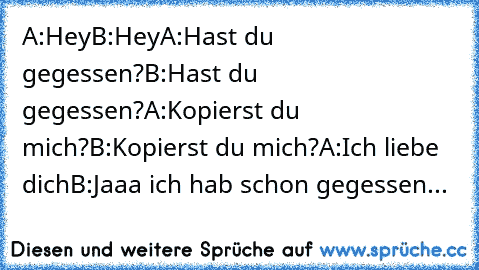 A:Hey
B:Hey
A:Hast du gegessen?
B:Hast du gegessen?
A:Kopierst du mich?
B:Kopierst du mich?
A:Ich liebe dich♥
B:Jaaa ich hab schon gegessen...