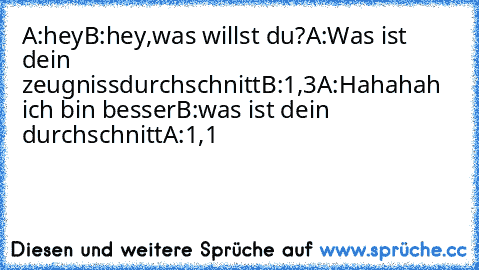 A:hey
B:hey,was willst du?
A:Was ist dein zeugnissdurchschnitt
B:1,3
A:Hahahah ich bin besser
B
:was ist dein durchschnitt
A:1,1