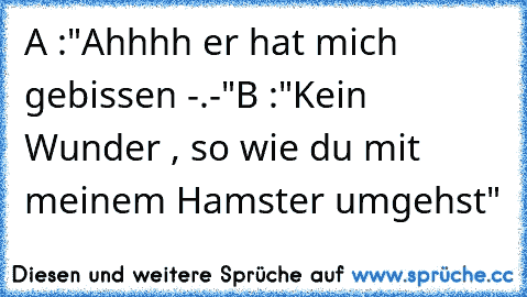 A :"Ahhhh er hat mich gebissen -.-"
B :"Kein Wunder , so wie du mit meinem Hamster umgehst"