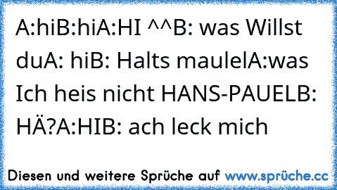 A:hi
B:hi
A:HI ^^
B: was Willst du
A: hi
B: Halts maulel
A:was Ich heis nicht HANS-PAUEL
B: HÄ?
A:HI
B: ach leck mich