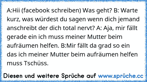 A:Hii (facebook schreiben) Was geht? B: Warte kurz, was würdest du sagen wenn dich jemand anschreibt der dich total nervt? A: Aja, mir fällt gerade ein ich muss meiner Mutter beim aufräumen helfen. B:Mir fällt da grad so ein das ich meiner Mutter beim aufräumen helfen muss Tschüss.